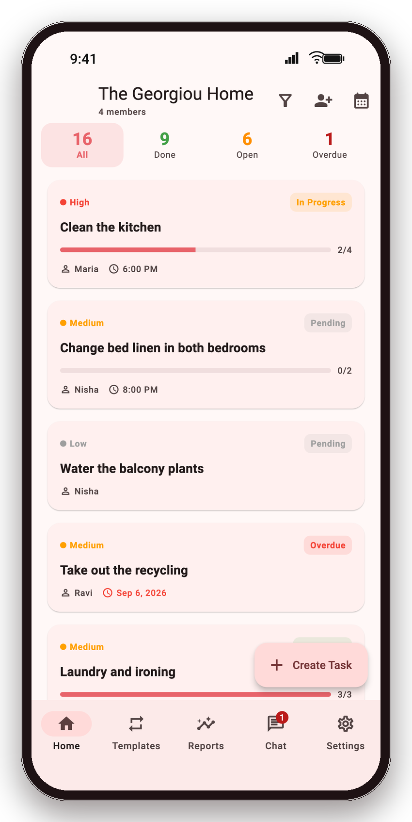 KinTrack dashboard on a phone: today's household chores and who owns them.
