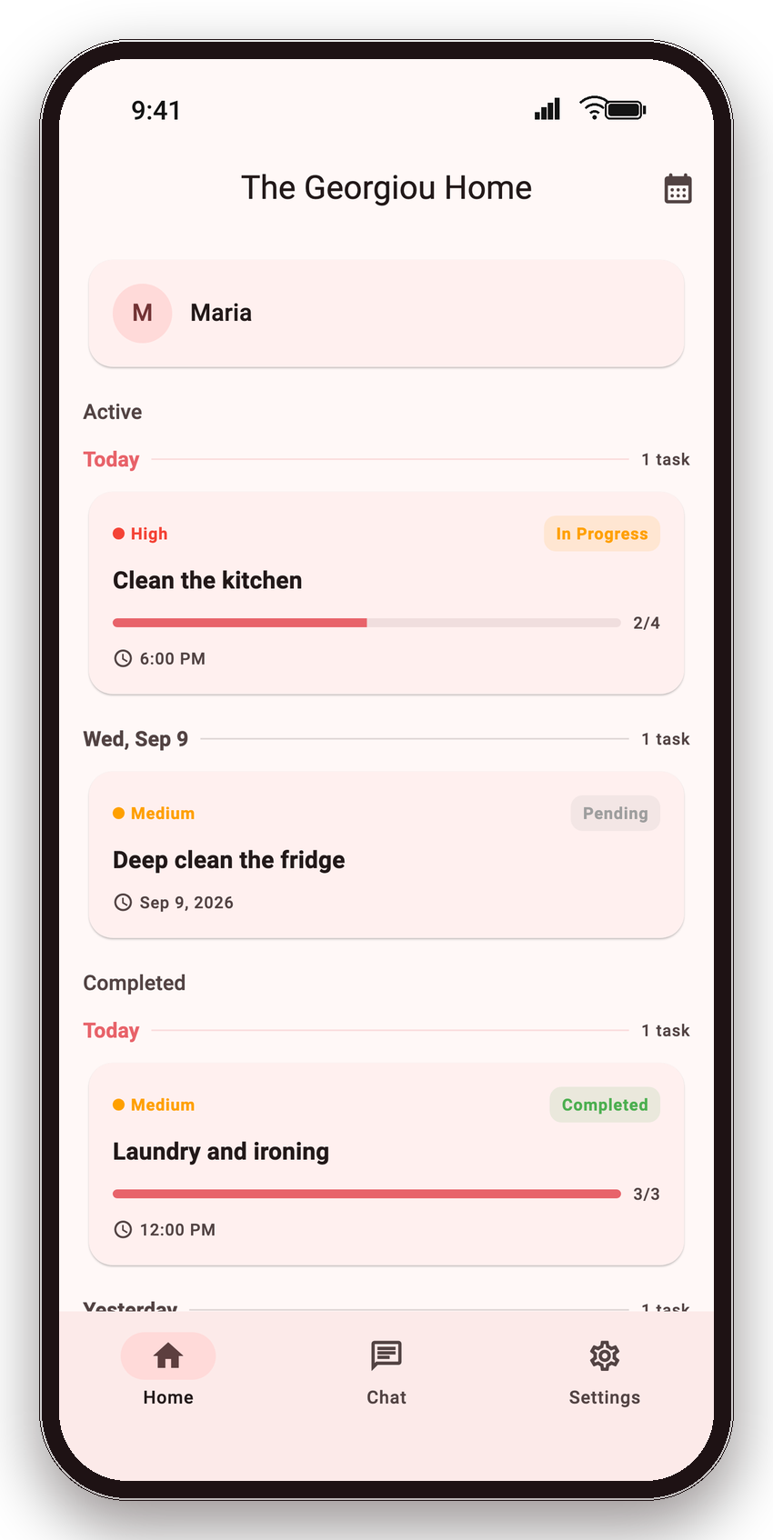 A Kin's own task list in KinTrack, grouped by day.