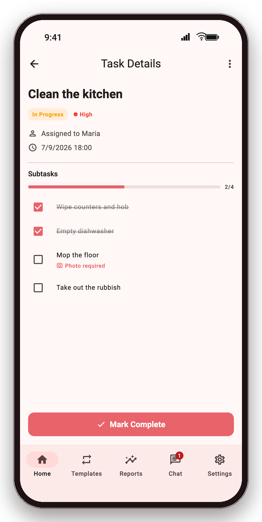 A KinTrack task with its checklist of subtasks and a photo-proof step.